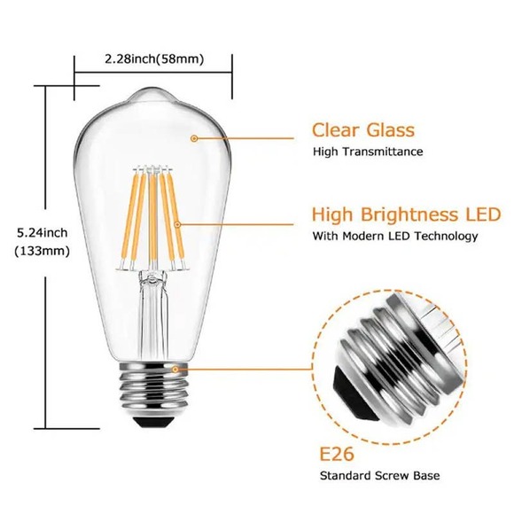 YANSUN UL Listed 6W 60W ST58 Edison LED Light Bulb Soft White 2700K (4-Pack) - Picture 3 of 5